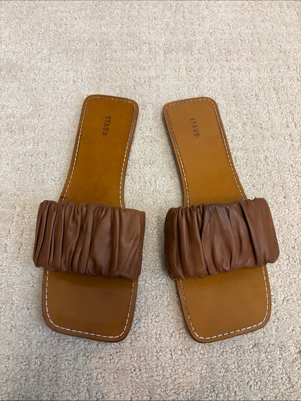 STAUD Cognac Ruched Leather Slide Sandals